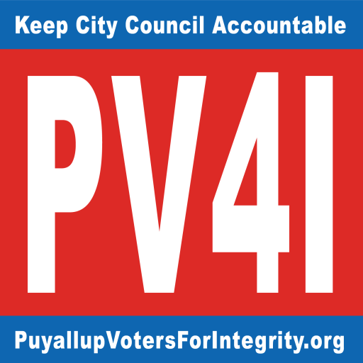 Logo of Puyallup Voters for Integrity with PV4I Acronym in white letters with red background, plus slogan "Keep City Council Accountable" and website address in white letters with blue background.