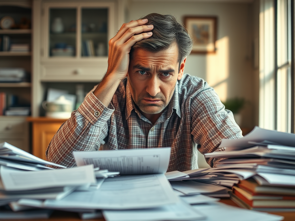 Wordpress AI depiction of a confused, frustrated homeowner paying big increase in tax and utility bills.