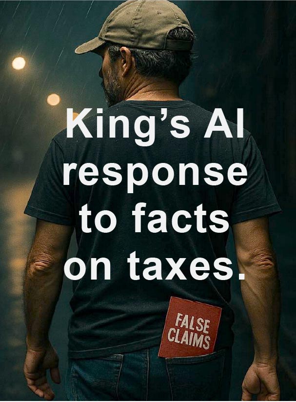 Dennis King AI Image depicting what looks like PV4I Treasurer Chris Chisholm with card inserted into back pocked stating "False Claims" with our edits over top saying "King's ID response to facts on taxes."