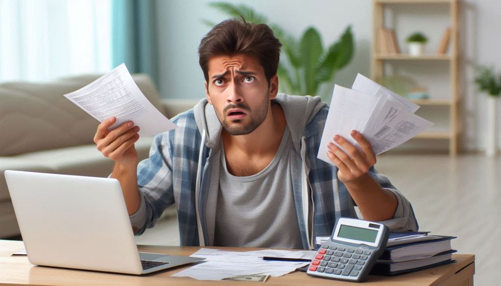 Microsoft Designer AI Generated Image depicting confused frustrated homeowner trying to understand tax bill and fee increases