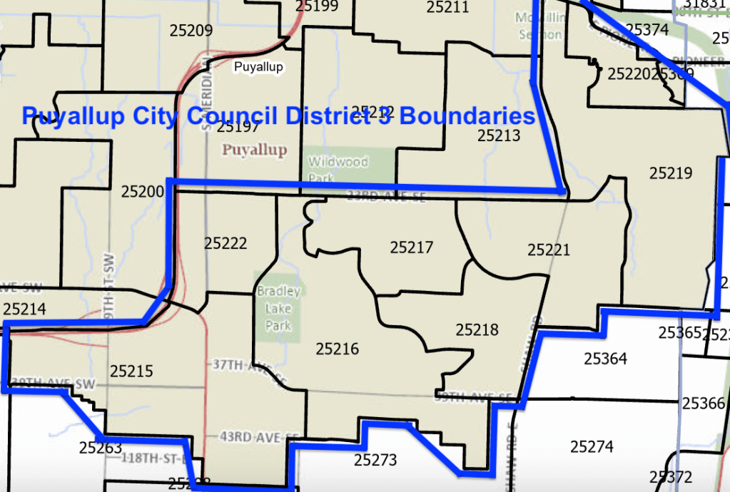 Cropped map showing precincts and streets within Puyallup City Council District 3