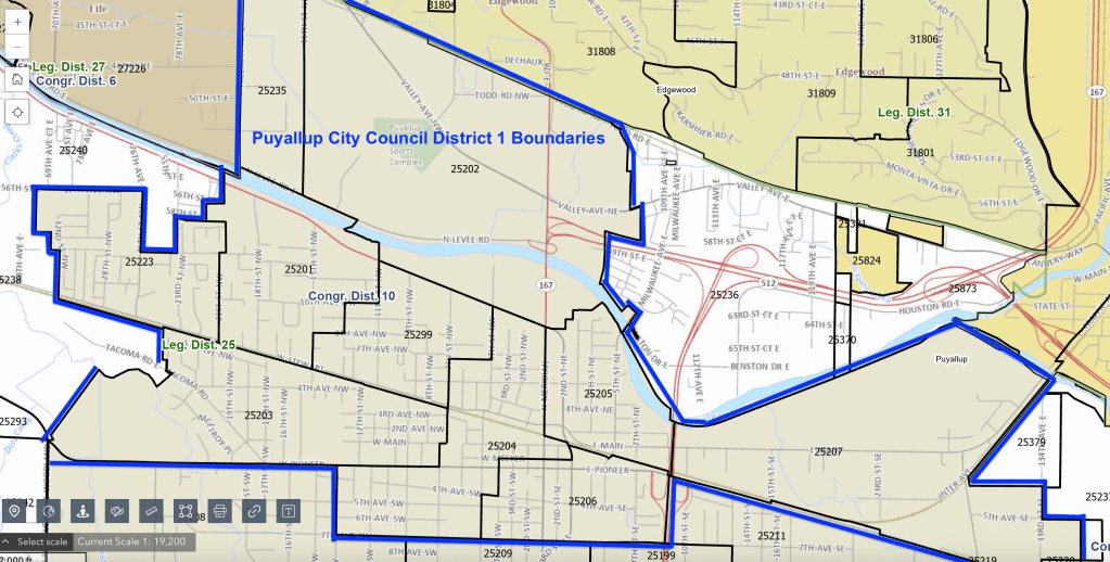 Cropped map showing precincts and streets within Puyallup City Council District 1