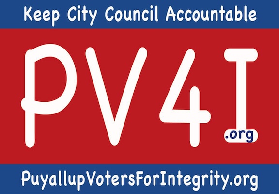 PV4I Logo in red with blue borders saying "Keep City Council Accountable" and website PuyallupVotersForIntegrity.org