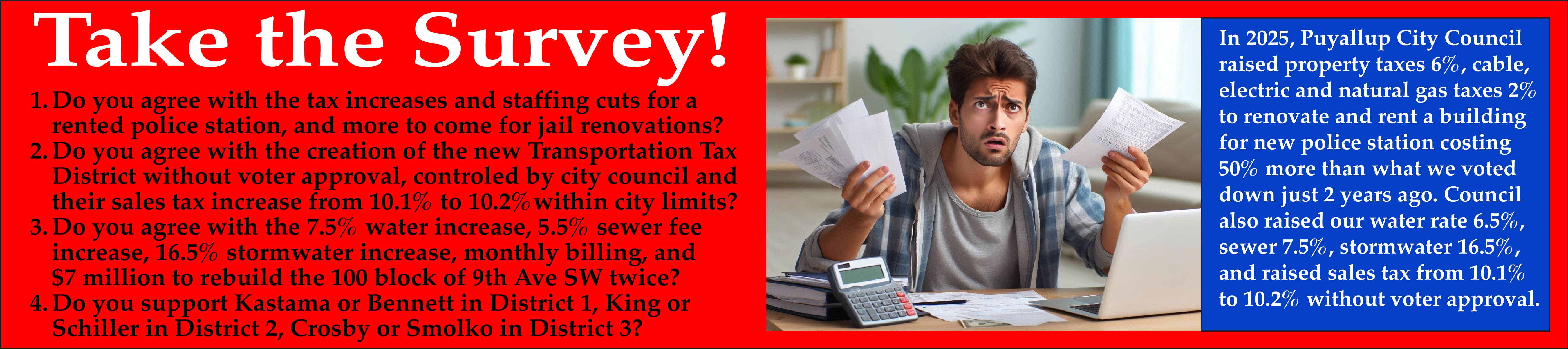 PV4I Website Banner entitled "Take the Survey" with photo of frustrated tax payer and description of taxes raised by city council this year.