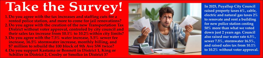PV4I Website Banner entitled "Take the Survey" with photo of frustrated tax payer and description of taxes raised by city council this year.