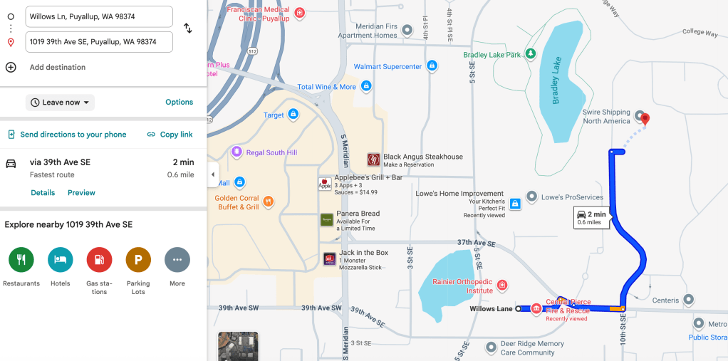 Google Maps Image of route from Puyallup South Hill Fire Station to New Rented Police Station Building off 39th Ave SE