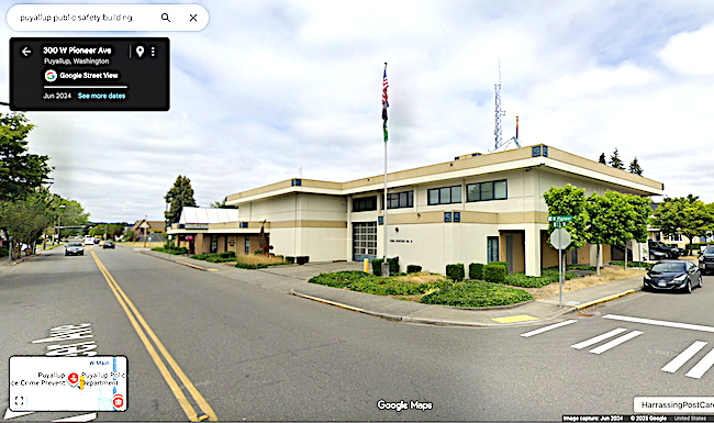 Google streetview image of Puyallup Public Safety building from corner of Pioneer & 3rd Ave SW