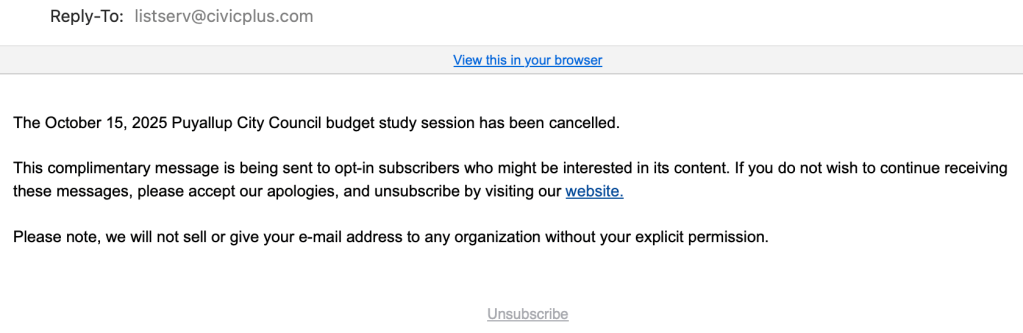Screenshot of email the City of Puyallup sent out Oct 15, 2025 announcing cancelation of previously scheduled budget meeting.